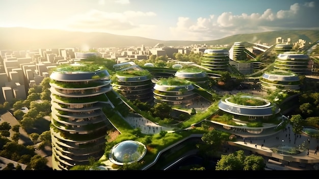 Eco-vriendelijk stadslandschap Een futuristisch stadslandschap met groene daken zonnepanelen en windturbines Generatieve ai