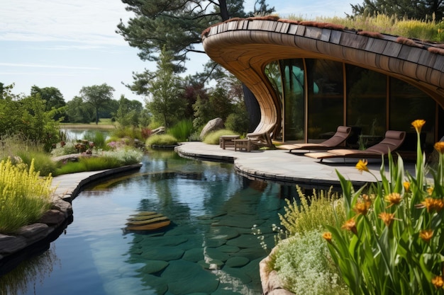 Eco-vriendelijke futuristische villa met een natuurlijk buitenzwembad gegenereerd door AI