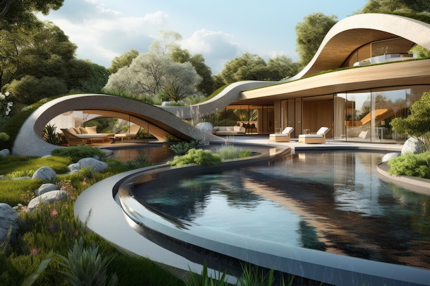 Eco-vriendelijke futuristische villa met een natuurlijk buitenzwembad gegenereerd door AI