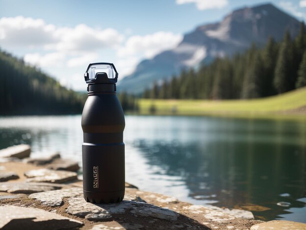 Foto eco-vriendelijke hydratatie zwarte herbruikbare thermo water fles met uitzicht op het meer