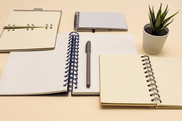 Eco-vriendelijke notitieboekjes voor kantoor, met kopie ruimte en pen gemaakt van gerecycled papier op een pastel achtergrond.