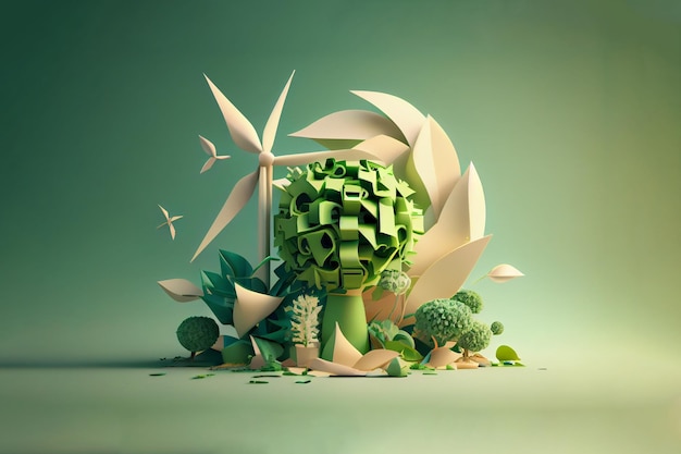 Eco windmill and green leaves 3d render illustration