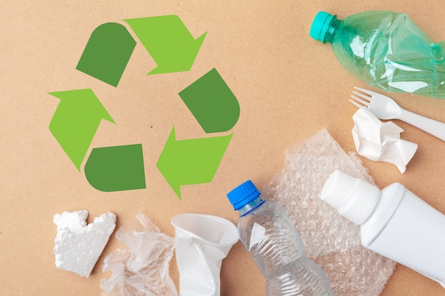 Eco  with recycling symbol on table  top view