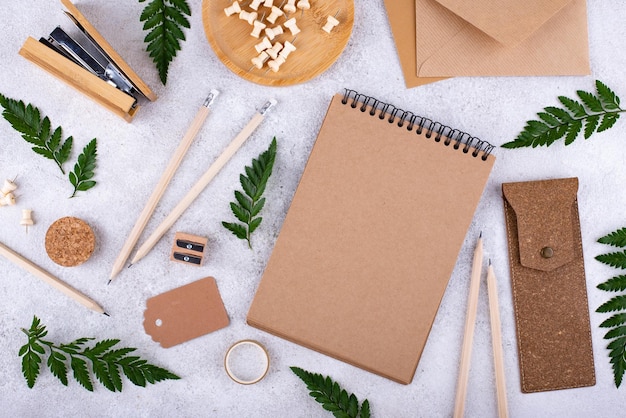 Eco wooden craft stationery sustainable life concept