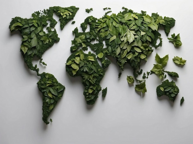 Eco World map with green leaves covering all countries on white background Earth Day concept