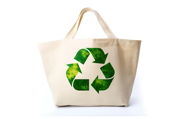 Foto eco zakken blanco of katoenen garen doek zakken lege zakken en groen recycling symbool geïsoleerd op wit generatieve ai