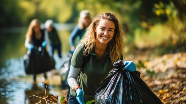 Foto gli ecoattivisti partecipano alla pulizia dell'ambiente dalle bottiglie e dai sacchetti di plastica da spazzatura