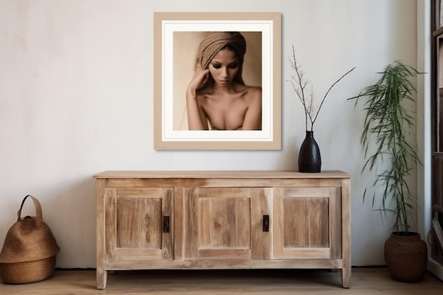 EcoChic Reclaimed Wood Cabinet and Poster on White Stucco Wall Generative AI