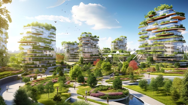 Ecocities with green technology A snapshot of a city with vertical gardens solar panels and an i