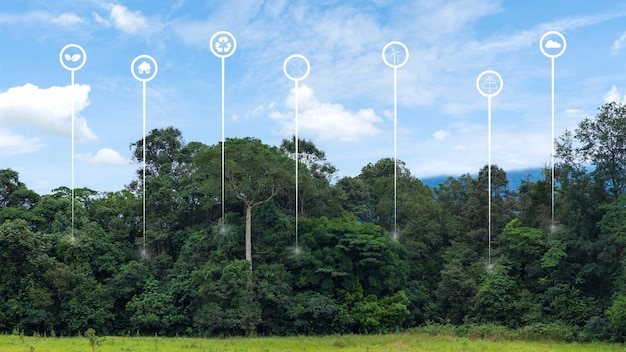 Concetto di ecoambiente e natura con l'icona di energia rinnovabile ecologica e uno stile di vita ecologico foresta e montagne