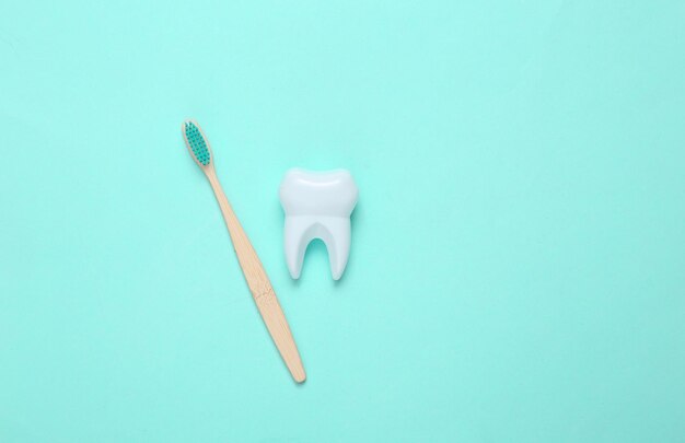 Ecofriendly bamboo toothbrush and tooth on blue background Dental care conceptxATop view