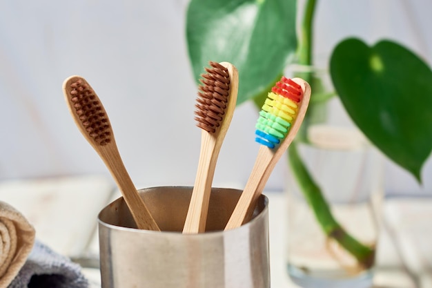 Ecofriendly bamboo toothbrushes Natural organic bathroom beauty product concept