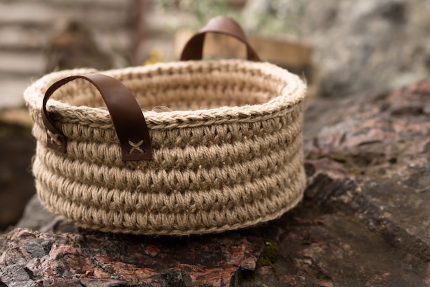 Ecofriendly basket crocheted from jute with lather handles