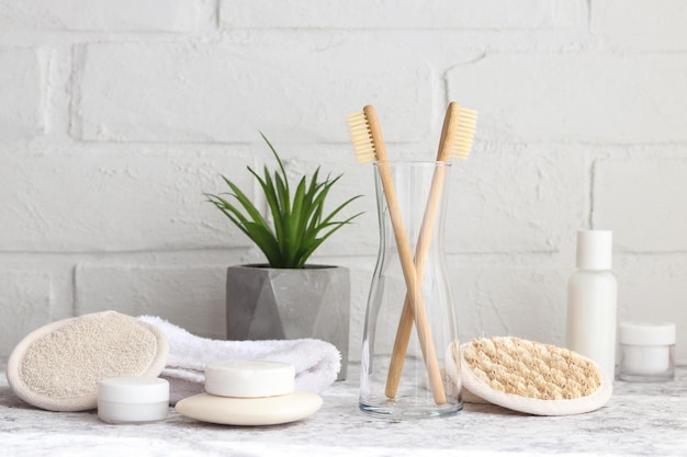 Ecofriendly bathroom accessories Bamboo toothbrushes ear sticks facial sponges soaps moisturizers