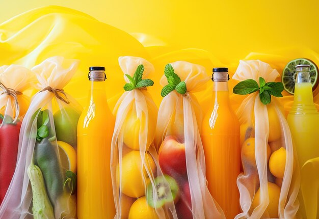 Foto bottiglie ecologiche di succhi di frutta e verdura appena spremuti su uno sfondo giallo brillante