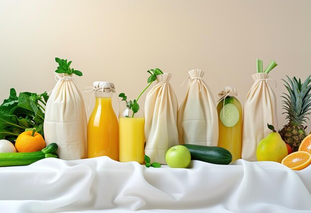 Photo ecofriendly bottles of freshly squeezed fruit and vegetable juices on a bright yellow background