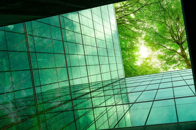 Экологичное здание в современном городе Зеленые ветки деревьев с листьями и устойчивое здание