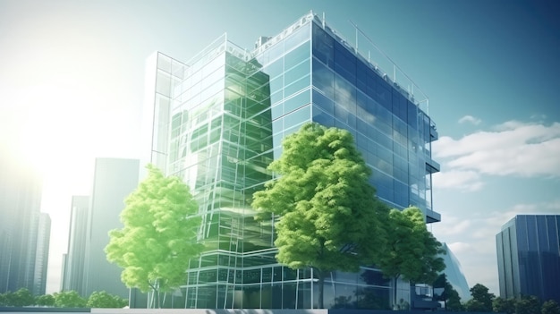 Ecofriendly building in the modern city Green tree branches with leaves and sustainable glass building for reducing heat and carbon dioxide Office building with green environment