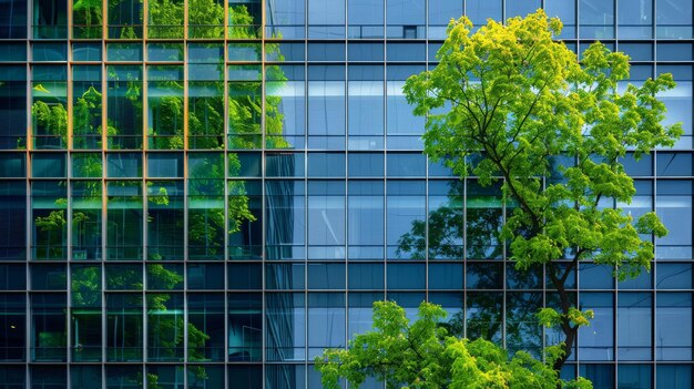 Ecofriendly building in the modern city Sustainable glass office building with tree for reducing h