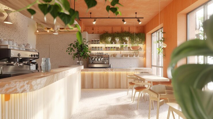 Photo ecofriendly cafe interior with natural colors and plants