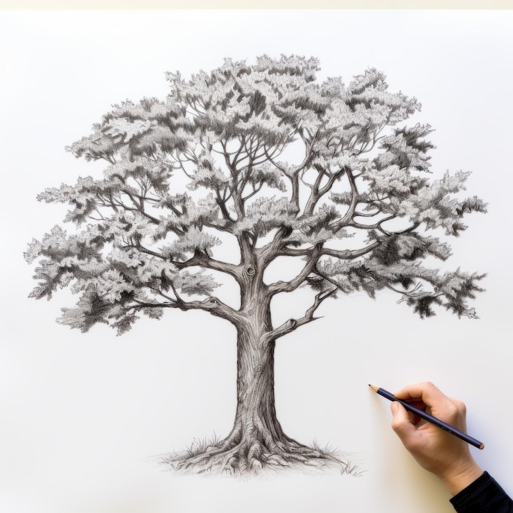 Photo ecofriendly childcare drawing detailed shading of an oak tree