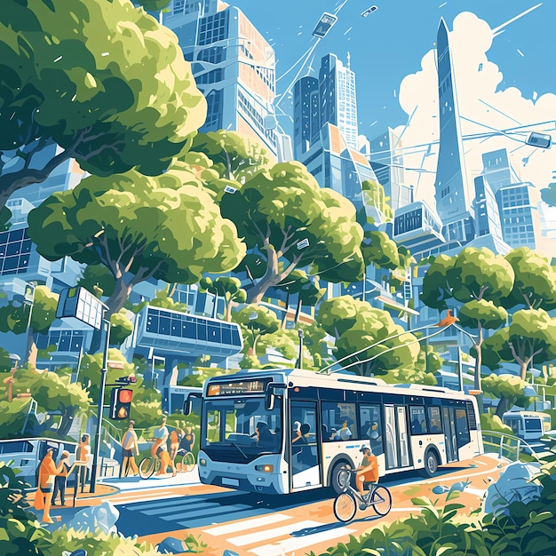 EcoFriendly City Bus in Future Utopia