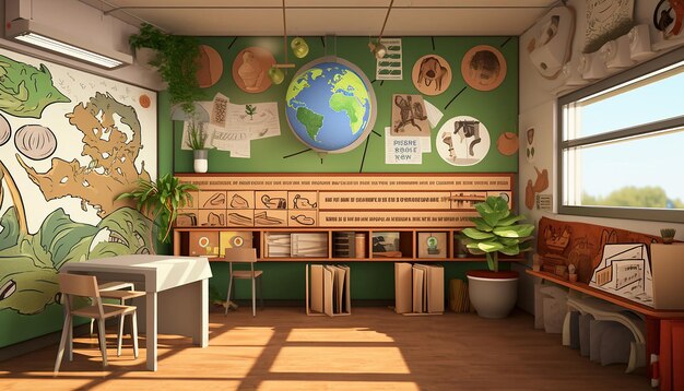 Photo an ecofriendly classroom with solar panels a compost bin educational posters about conservation