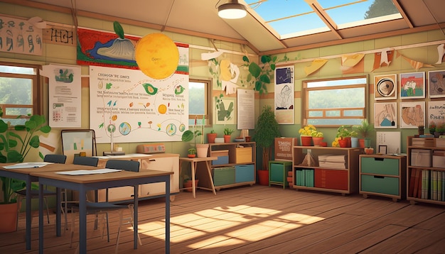 Photo an ecofriendly classroom with solar panels a compost bin educational posters about conservation