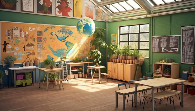 Foto un'aula ecologica con pannelli solari un contenitore di compost poster educativi sulla conservazione