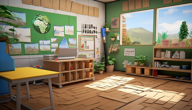 An ecofriendly classroom with solar panels a compost bin educational posters about conservation