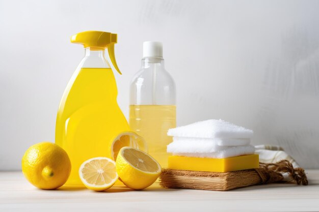 Ecofriendly cleaning products next to a bucket