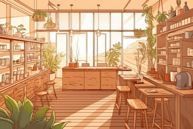 リサイクルされた木製家具の植物と自然光を備えた環境に優しいコーヒーショップが描かれています。 Generative AI