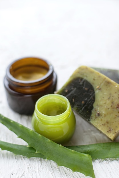 Ecofriendly cosmetic products for skin care Natural creams soap oils products with aloe
