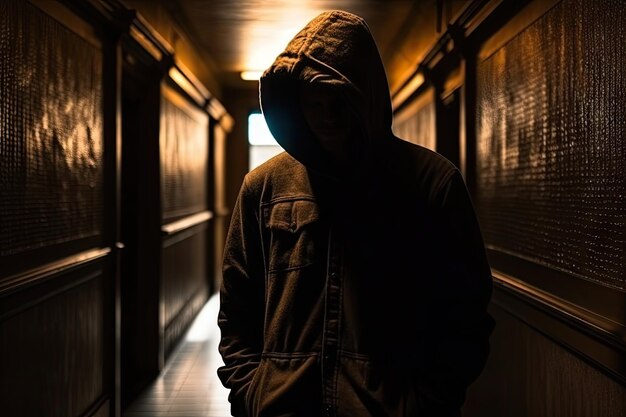 EcoFriendly Craftsman Shadowed Figure in Hoodie and Jacket in Dark Corridor