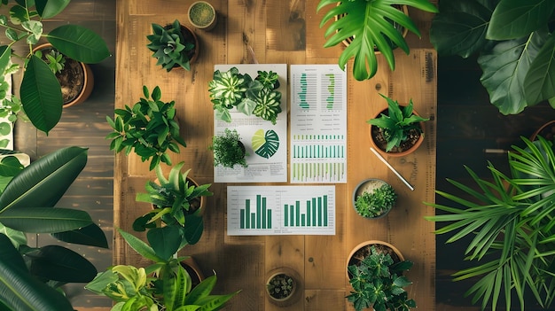 EcoFriendly Data and Analytics Report on Wooden Desk with Surrounding Greenery