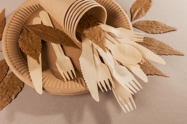 Ecofriendly disposable utensils made of bamboo wood and paper on a light beige background