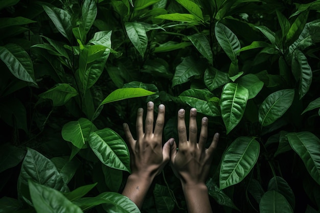 Photo ecofriendly encounter capturing a mesmerizing image of someone embracing lush green leaves in 32