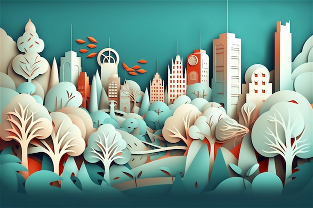 Ecofriendly futuristic city design with lots of trees in paper cut art style Generative AI