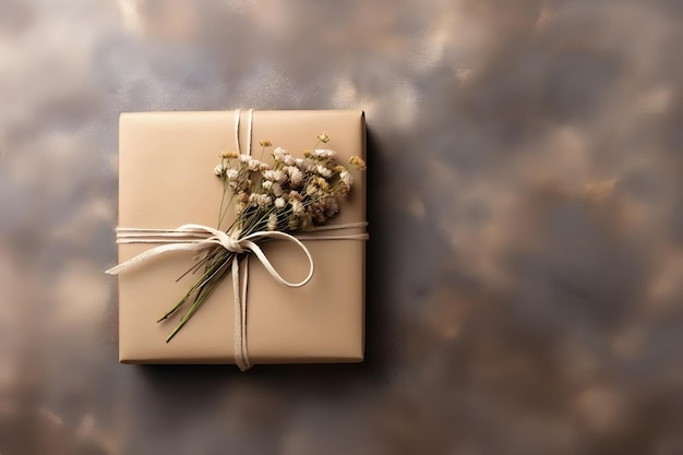 An ecofriendly gift box wrapped in craft paper tied with rope on beige table top view