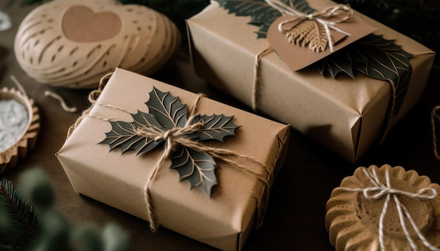 Ecofriendly gift wrapping in kraft paper and leaves