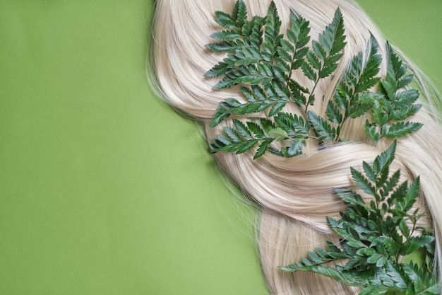写真 緑の背景に横たわるシダの枝と絡み合ったブロンドの髪の環境に優しいヘアケアのコンセプトの層