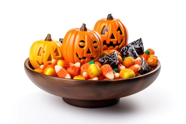 Ecofriendly Halloween pumpkins and candy in a wooden plate isolated on a white background