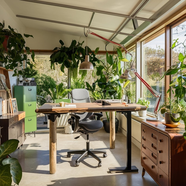 Photo an ecofriendly home office with sustainable materials energyefficient lighting indoor plants