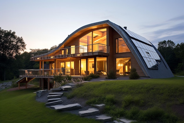 Ecofriendly home with solar panels and green features