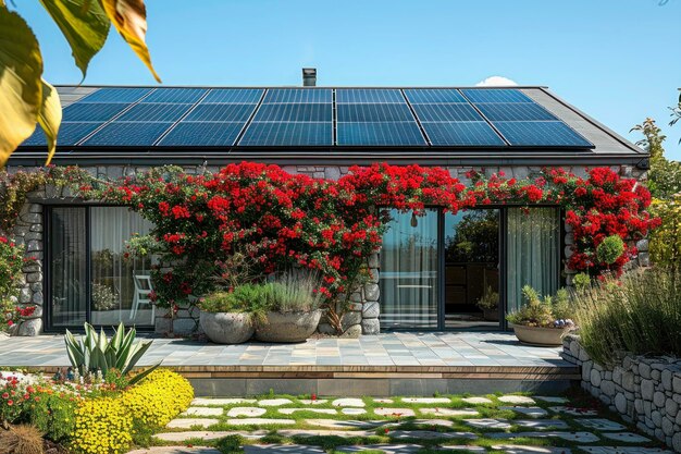 Photo ecofriendly home with solar panels and landscaped garden