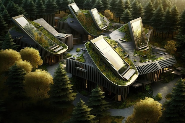 Ecofriendly hotel with solar panels green roofs and recycled materials created with generative ai