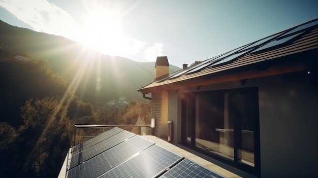 Экологичный дом с солнечными панелями на крыше в окружении зелени Generative AI