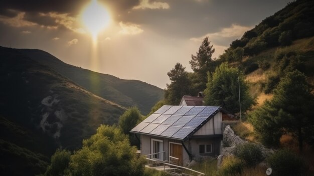 Photo ecofriendly house with solar panels on the roof surrounded by green nature generative ai