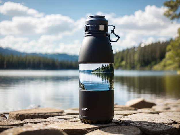 Photo ecofriendly hydration black reusable thermo water bottle with a lakeside view