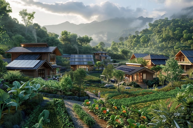 Экологическая инфраструктура для отдаленных деревень, предусматривающая солнечные дома и общие сады